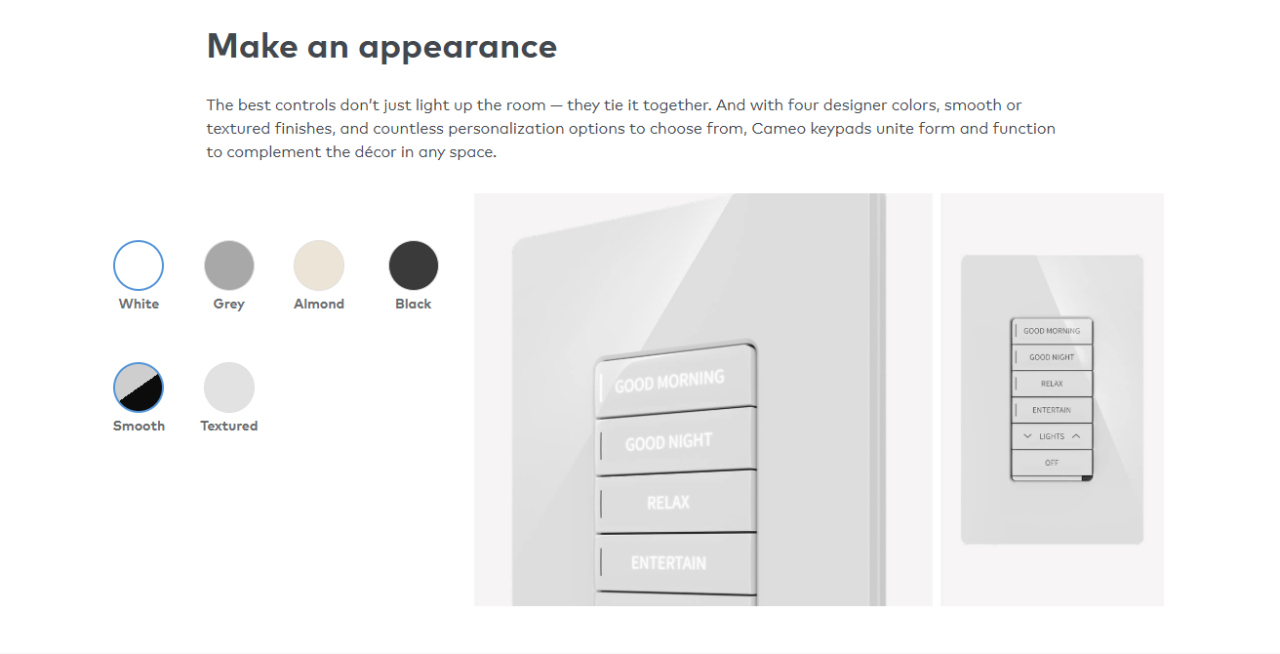 Crestron Cameo keypad finish options in white, grey, almond, and black with smooth or textured surfaces