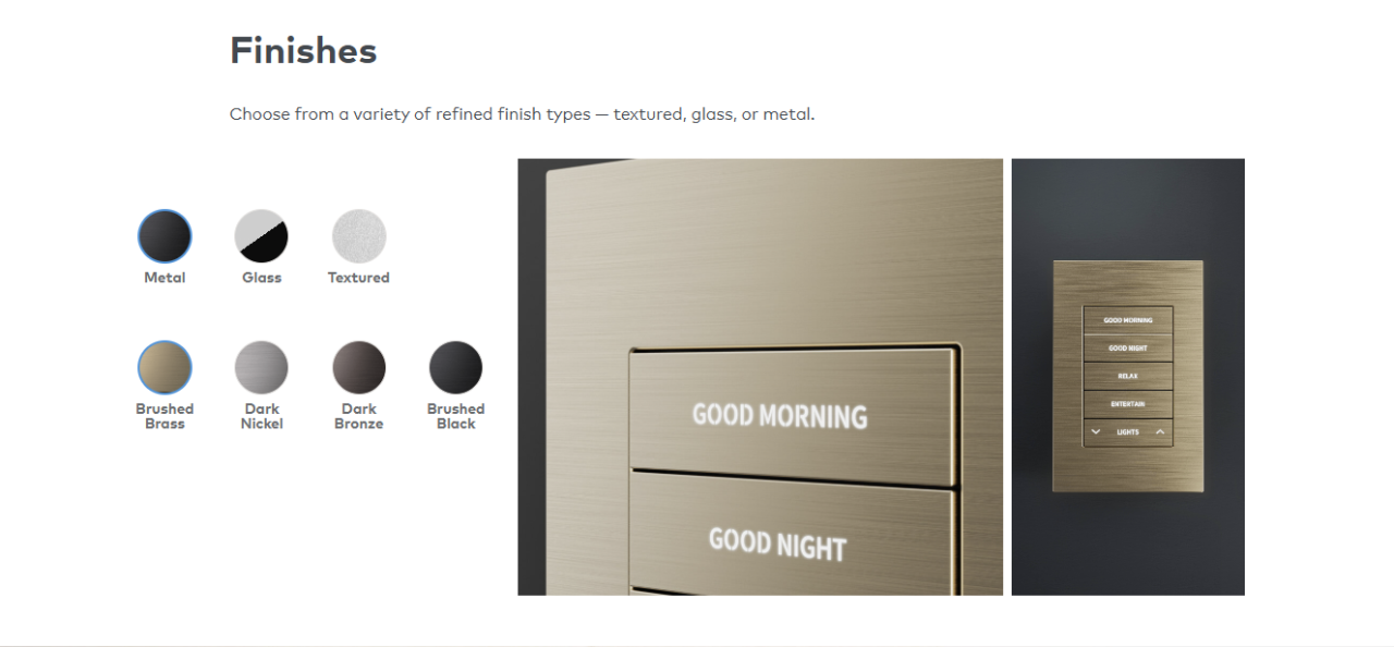 Crestron Horizon keypad finish options including metal, glass, and textured styles with brushed brass example